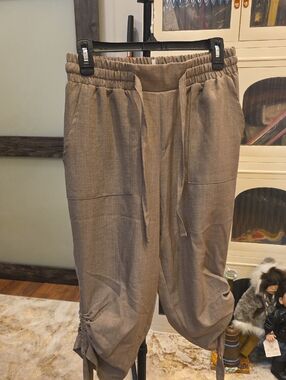 Women's Drawstring Capris in Taupe with Ruched Cuff